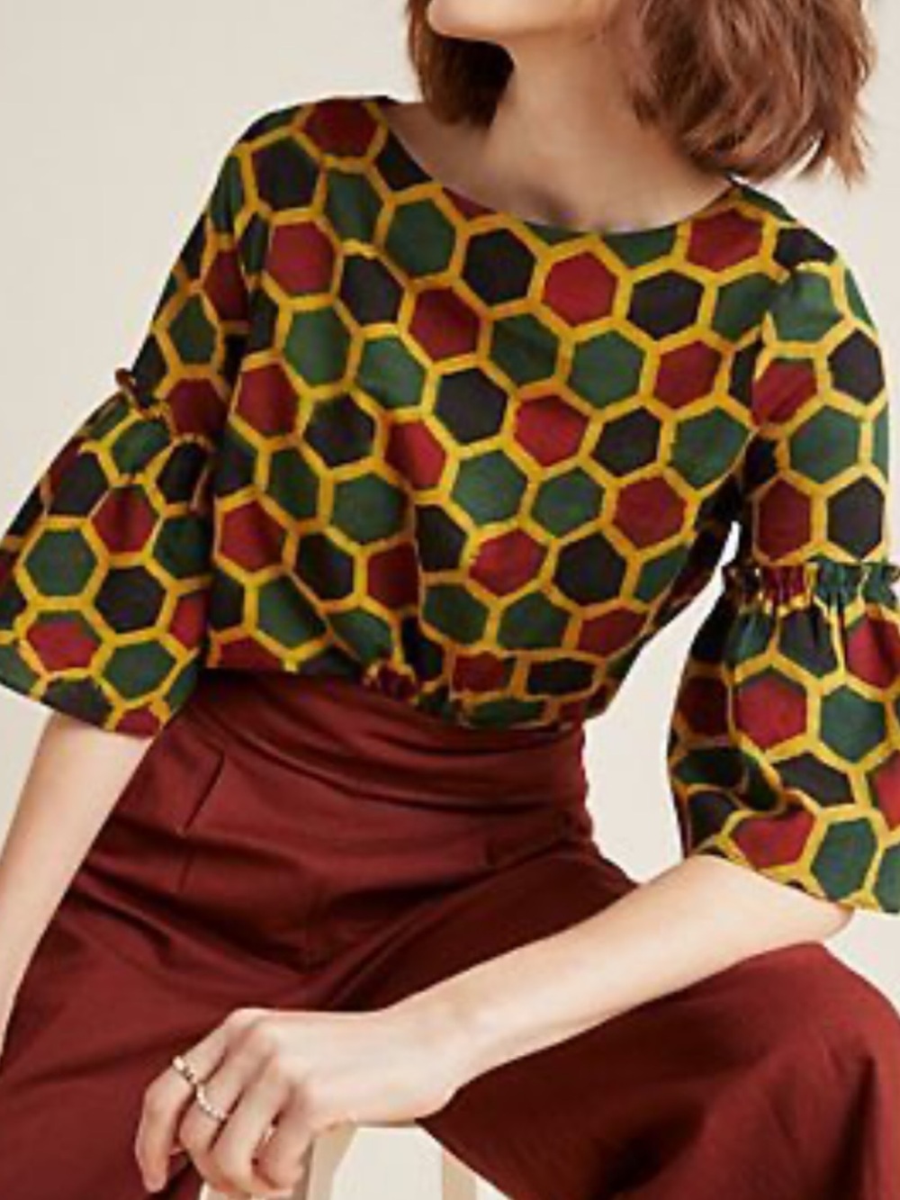 Anthropologie Honeycomb Bell-Sleeve Blouse with Retro Honeycomb